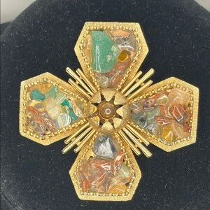 Vintage Rock Mosaic Maltese Cross Pin Brooch Naturalistic 60’s Southwest